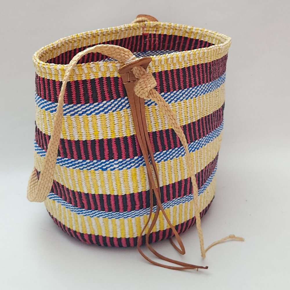 Colorful Woven Basket with Leather Accents